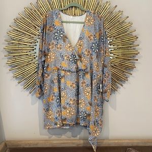 Free People Cream Flowery V Neck Blouse